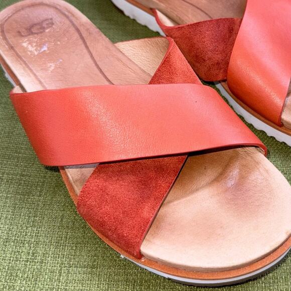 UGG Women's Kari Cinnamon Leather and Suede Cross Strap Slides Sandals Size 8 - Picture 4 of 8